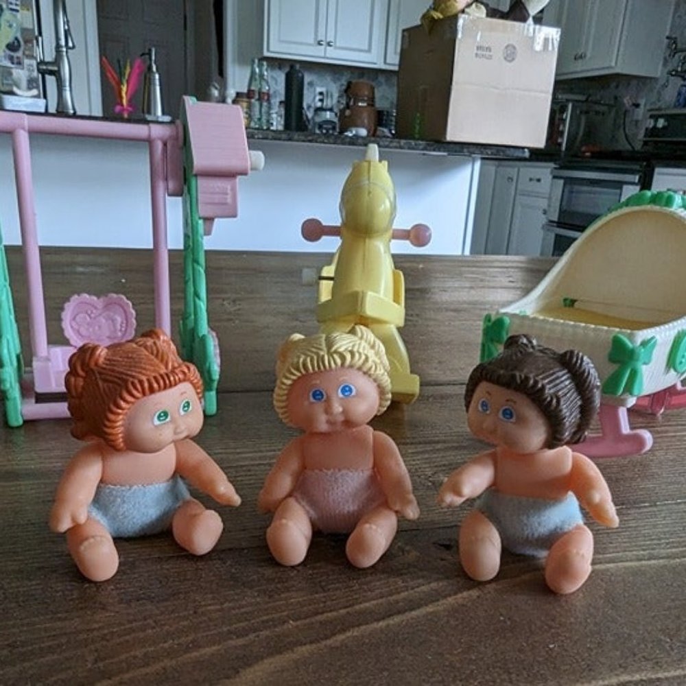 Lot of 3 Mini Cabbage Patch Dolls with Wind Up Accessories